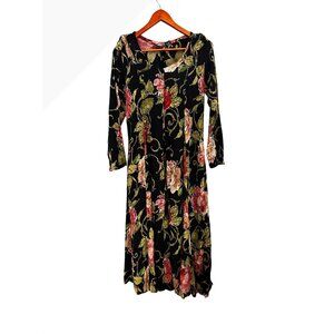 Vtg Starina Dress M Black Floral Rayon Long Sleeve Boho Cottagecore 90's Maxi